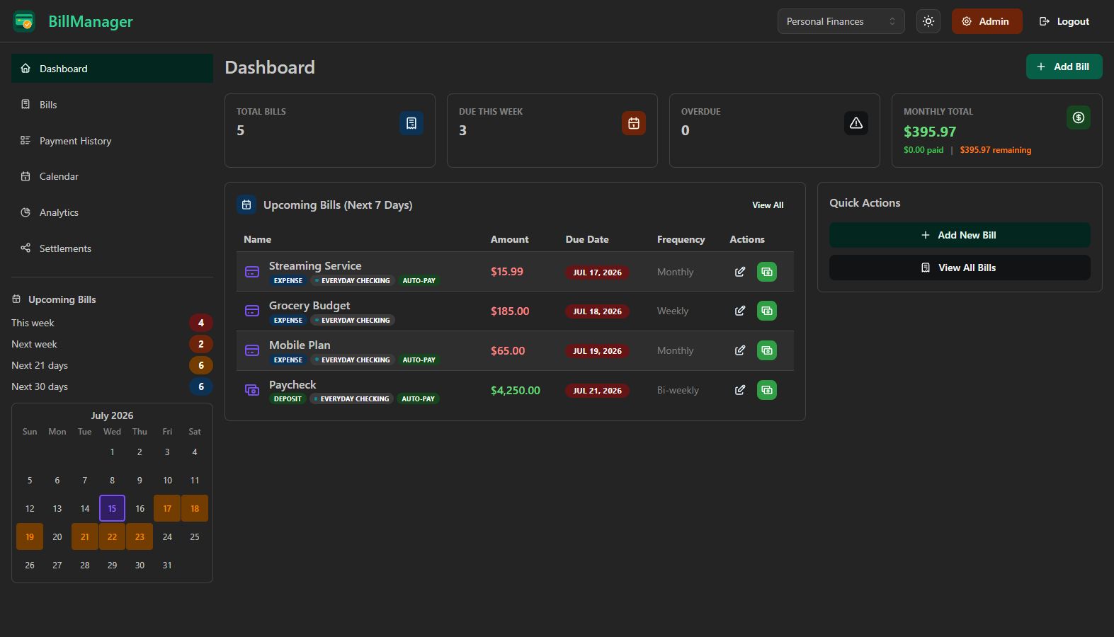 Dashboard in dark mode